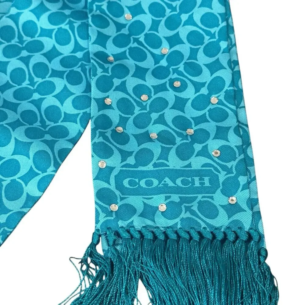 Coach Women 100% Silk Signature Logo Rhinestone Fringe Scarf Teal New With Box - Picture 2 of 8